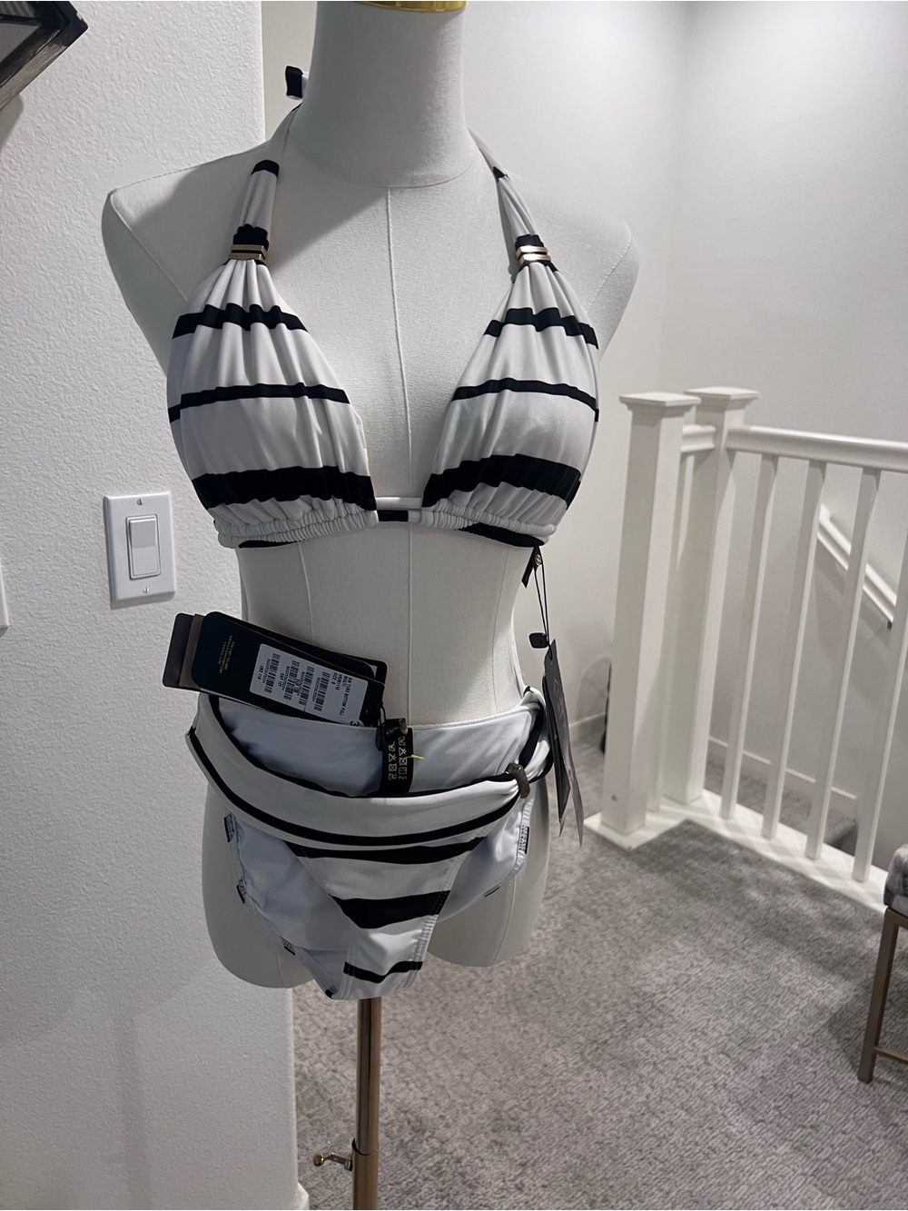 White & Black Striped Halter Bikini Top and High-Waist Bottom